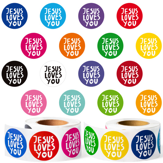W1cwey 1000pcs Jesus Love You Christian Religious Sticker Rolls(2 Rolls), 1.5 Inch 16 Colors JLY Educational Religious Theme Stickers for Kids Easter Self-Adhesive Decorative Decals Party Supplies