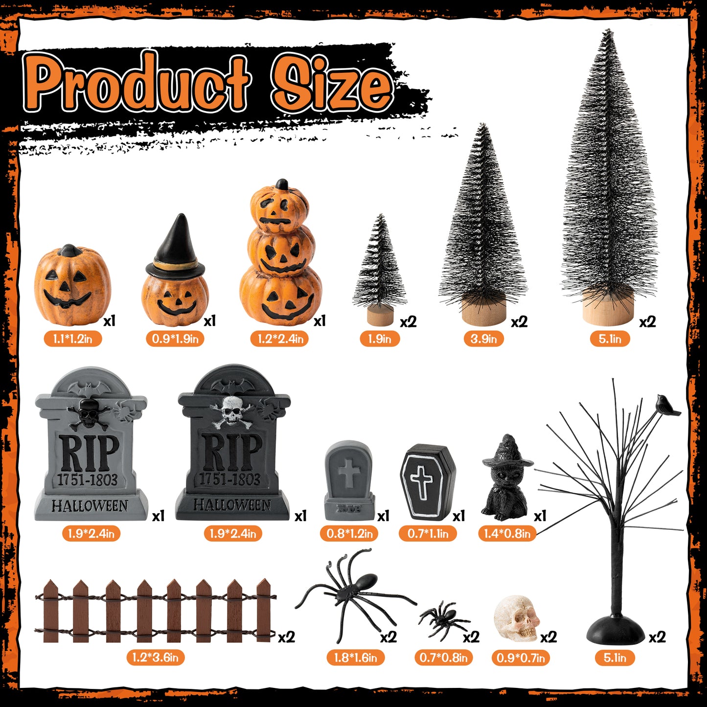 W1cwey Halloween Village Scene Ornaments Accessories, Set of Pumpkin, Tombstones, Skeletons, Spiders, Black Cat, Pine Trees, Bare Branches, Resin Miniature Garden Scene Decor for Halloween Party