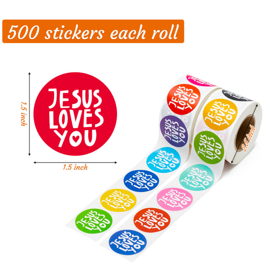 W1cwey 1000pcs Jesus Love You Christian Religious Sticker Rolls(2 Rolls), 1.5 Inch 16 Colors JLY Educational Religious Theme Stickers for Kids Easter Self-Adhesive Decorative Decals Party Supplies