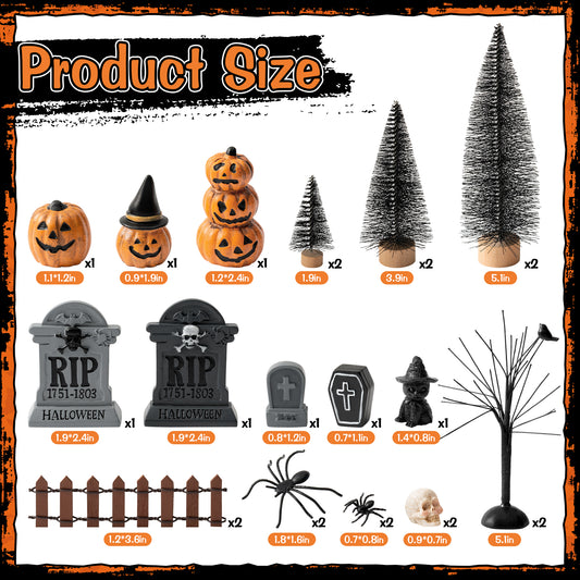 W1cwey Halloween Village Scene Ornaments Accessories, Set of Pumpkin, Tombstones, Skeletons, Spiders, Black Cat, Pine Trees, Bare Branches, Resin Miniature Garden Scene Decor for Halloween Party