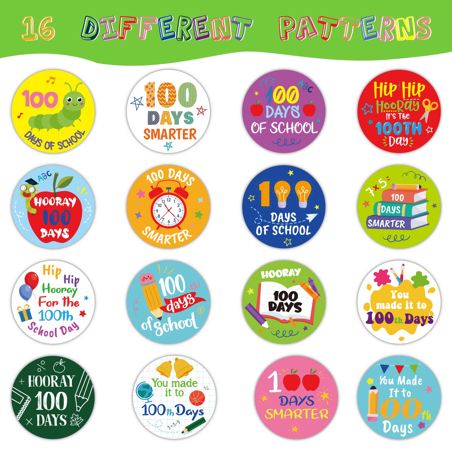W1cwey 1000pcs 100 Days of School Sticker Rolls(2 Rolls), 1.5 Inch 16 Design Cartoon 100 Day of School Teacher Reward Motivational Encouragement Stickers for Kids Kindergarten School Party Decoration