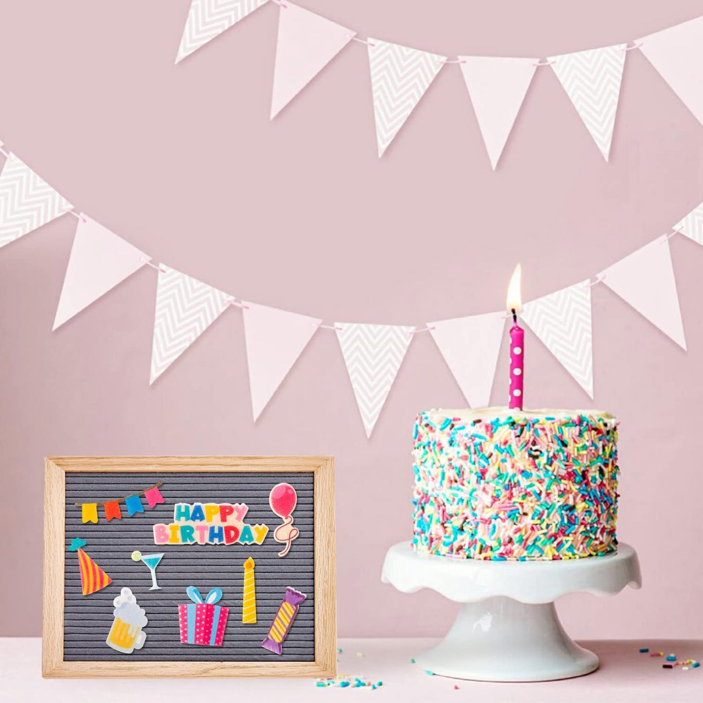 W1cwey 46pcs Birthday Theme Icons for Felt Letter Board Cute Message Board Decorations Celebration Decor for Changeable Letter Board Birthday Accessories Icons for Happy birthday Party (Board Not Included)