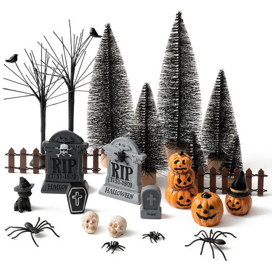 W1cwey Halloween Village Scene Ornaments Accessories, Set of Pumpkin, Tombstones, Skeletons, Spiders, Black Cat, Pine Trees, Bare Branches, Resin Miniature Garden Scene Decor for Halloween Party