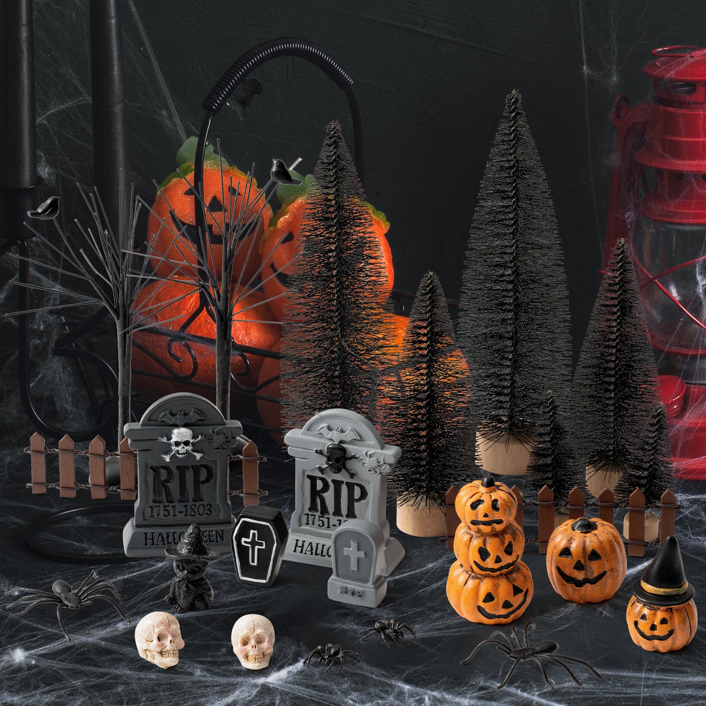 W1cwey Halloween Village Scene Ornaments Accessories, Set of Pumpkin, Tombstones, Skeletons, Spiders, Black Cat, Pine Trees, Bare Branches, Resin Miniature Garden Scene Decor for Halloween Party