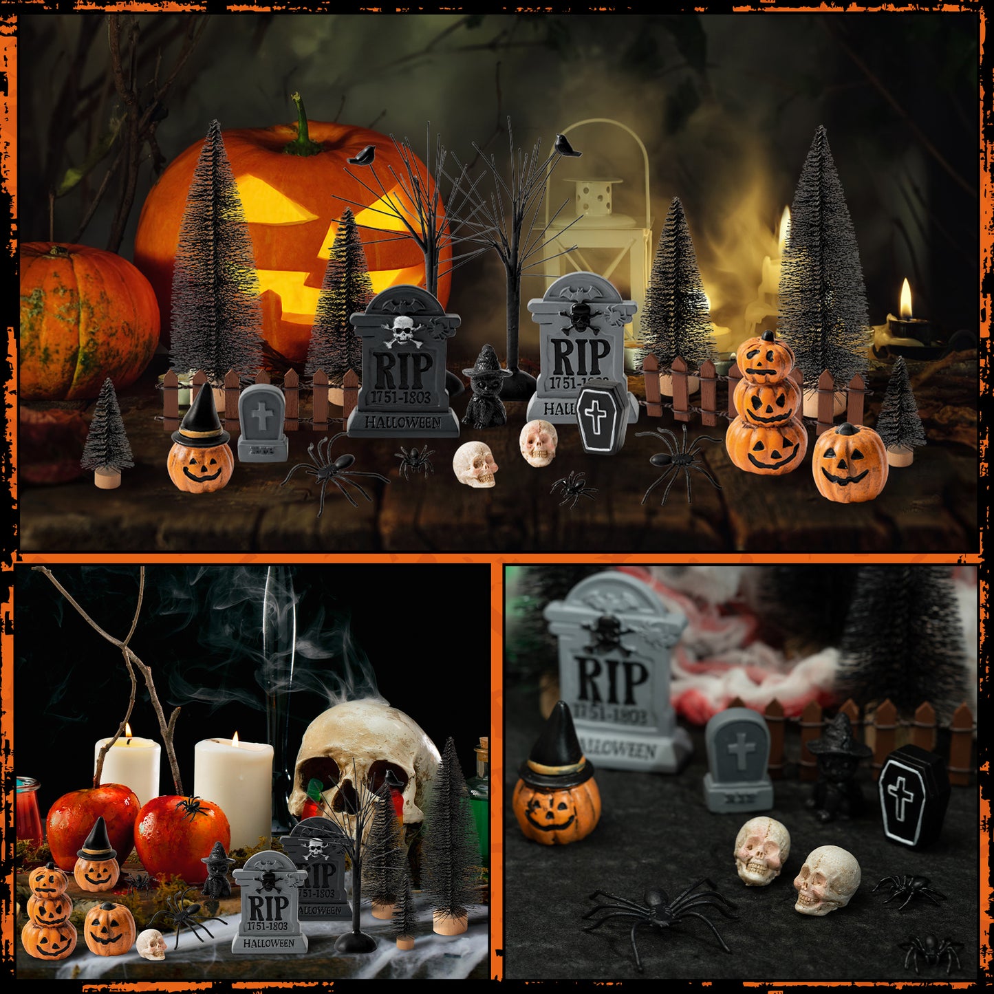 W1cwey Halloween Village Scene Ornaments Accessories, Set of Pumpkin, Tombstones, Skeletons, Spiders, Black Cat, Pine Trees, Bare Branches, Resin Miniature Garden Scene Decor for Halloween Party