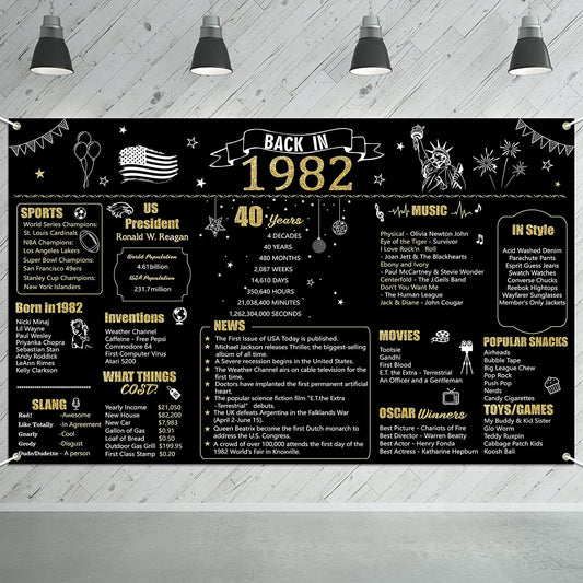 W1cwey Extra Large 43.3*70.8 Inches 1982 Backdrop 40 Year Old Birthday Party Photo Background Anniversary Banner 40th Birthday Black Gold Decor Vintage 1982 Backdrop Photography for Indoor Outdoor