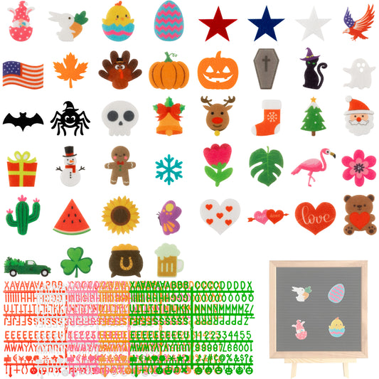 W1cwey 44pcs Seasonal Icons and 900pcs Letters for Letter Board, 5 Sheet of Characters Plastic Letter Set, Cute Message Changeable Board Decoration, Including Number Symbol Letter (Board Not Included)