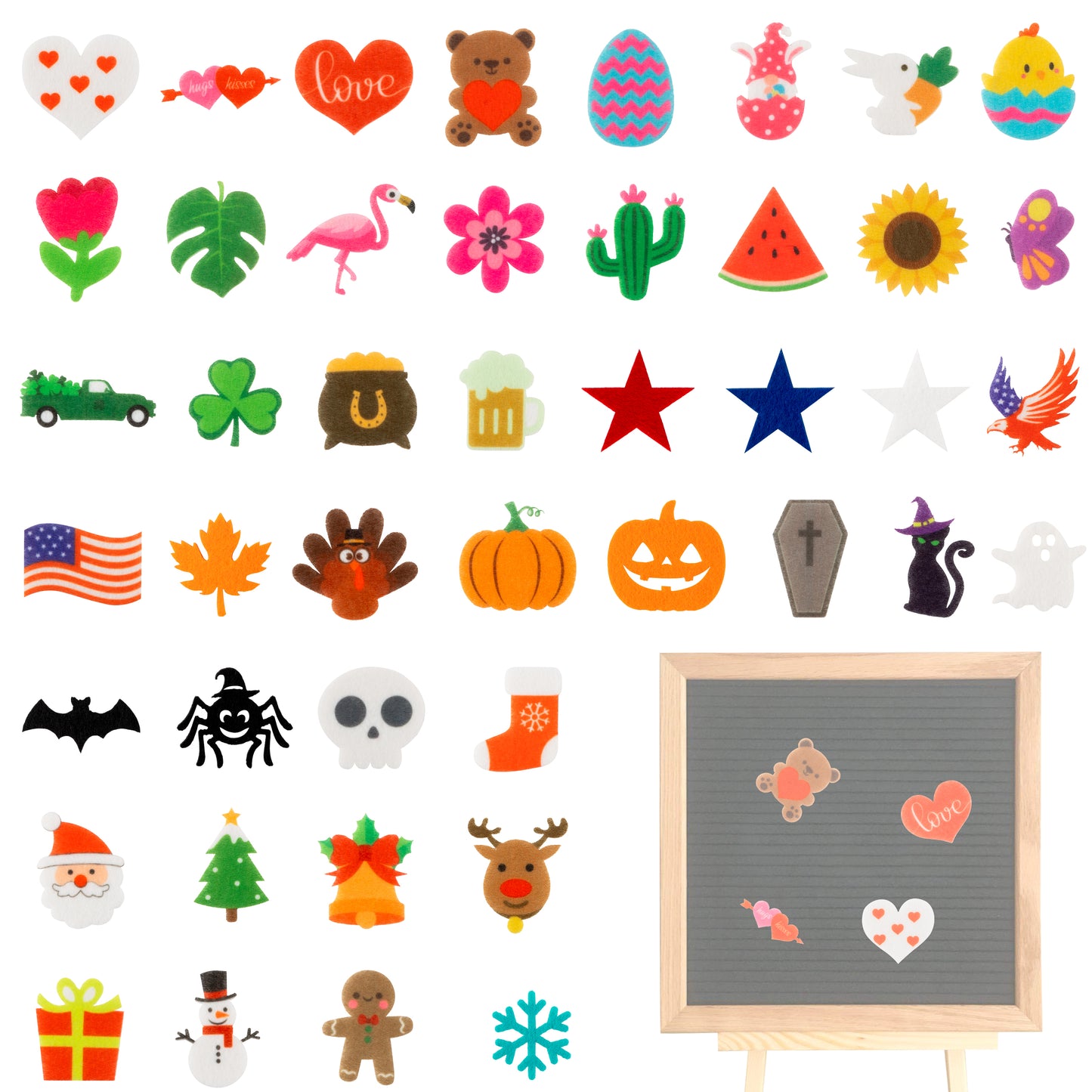 W1cwey 44pcs Seasonal Icons for Felt Letter Board Cute Message Board Decorations Seasonal Decor for Changeable Letter Board Holiday Accessories Icons for Valentine's Day (Board Not Included)