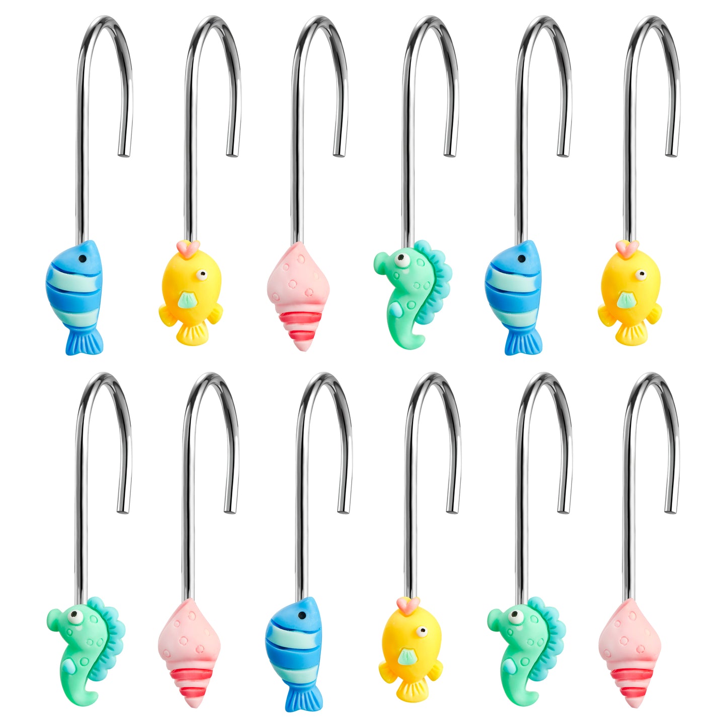 W1cwey 12pcs Ocean Theme Sea Animal Shower Curtain Hooks Blue Sea Theme Glide Shower Rings Marine Life Yellow Croaker Seahorse Blue Fish Conch Shape Stainless Steel Hanger Ring for Kids Bathroom Decor