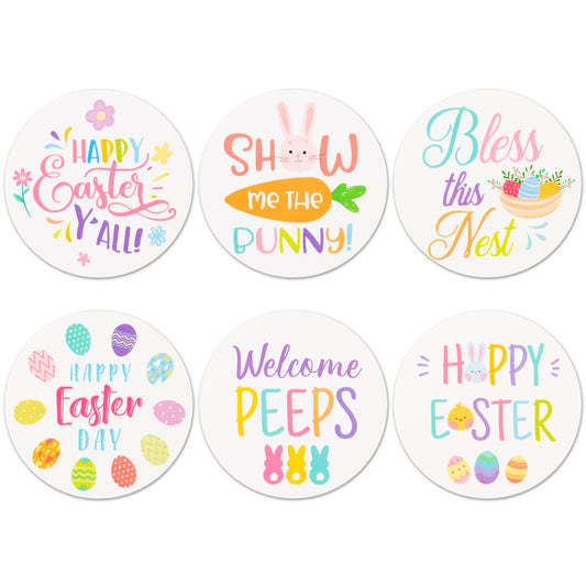 W1cwey 6pcs Easter Theme Coasters Set Cartoon Easter Bunny Cup Mat Gifts Happy Easter Cute Absorbent Coasters with Fiber Cork Base for Drink Coffee Mug Kitchen Room Bar Easter Decor