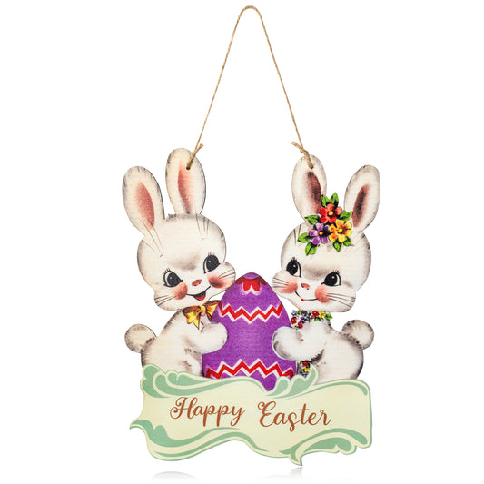 W1cwey Vintage Easter Wooden Hanging Door Sign Decoration 11.8*9.4 Inch Retro Happy Easter Porch Welcome Sign for Door Wall Easter Wreath Egg Bunny Hanging Supplies for Indoor Outdoor