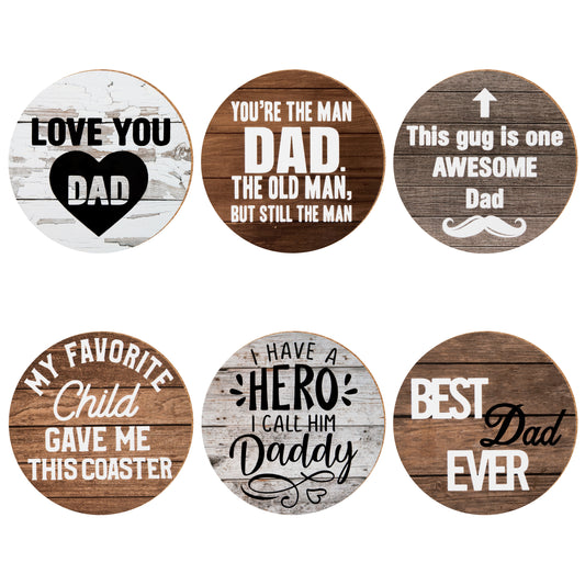 W1cwey 6pcs Dad Coaster Set Cute Absorbent Coasters with Fiber Cork Base Designs with 6 Different Father Inspirational Quotes Love You Dad Cup Mat Gifts for Father’s Day Dad’s Birthday Thanksgiving