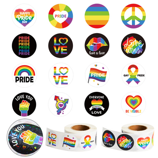 W1cwey 1000pcs Gay Pride Sticker Rolls with Holographic Effect(2 Rolls), 1.5 Inch 16 Design Rainbow Theme Happy Pride Day Stickers Self-Adhesive Decals Decorative Stickers for LGBT Party Supplies
