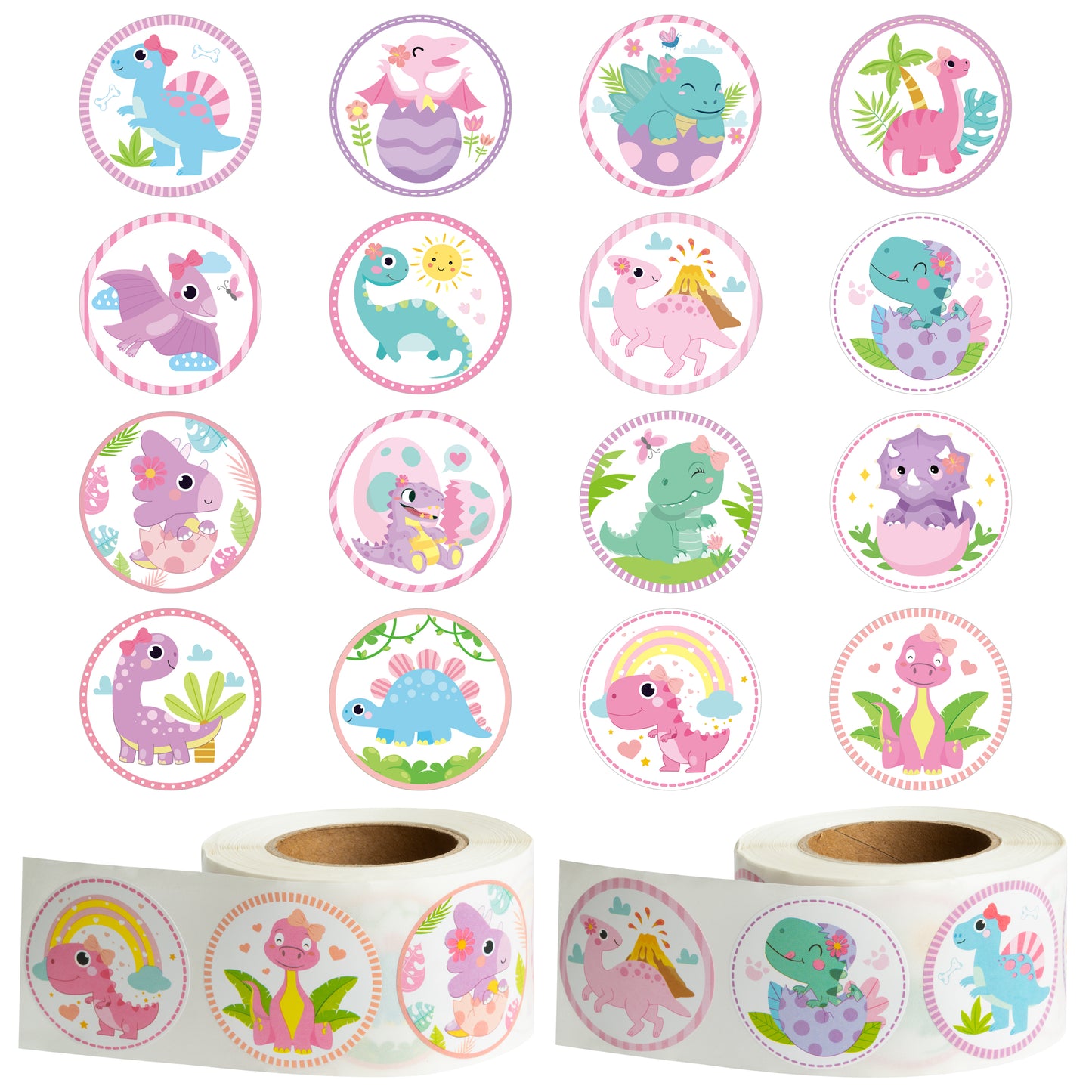 W1cwey 1000pcs Pink Dinosaurs Sticker Rolls for Kids(2 rolls), 1.5 Inch 16 Design Cute Dinosaurs Theme Cartoon Stickers Self-Adhesive Decals Decorative Stickers for Kids Rewards Party Supplies