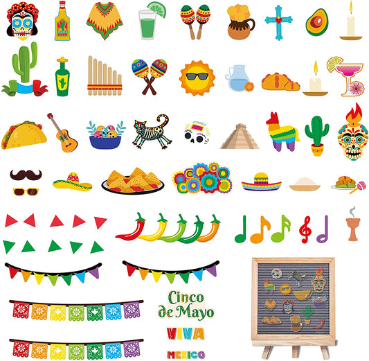 W1cwey 63pcs Mexican Fiesta Icons for Felt Letter Board Cute Message Board Decor for Changeable Letter Board Holiday Accessories Festive Icons for México Party Fiesta (Board Not Included)