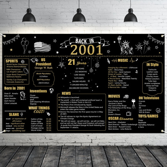 W1cwey Extra Large 43.3’*70.8’ 2001 Black Gold Backdrop 21 Year Old Birthday Party Photo Background Anniversary Banner 21st Birthday Black Gold Decor Vintage Backdrop Photography for Indoor Outdoor