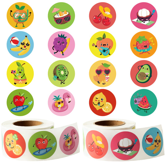 W1cwey 1000pcs Fruit Sticker Rolls(2 Rolls), 1*1 Inch 16 Design Cartoon Summer Theme Happy Fruit Stickers with Smile Face Self-Adhesive Decals Decorative Stickers for Kids Rewards Party Supplies