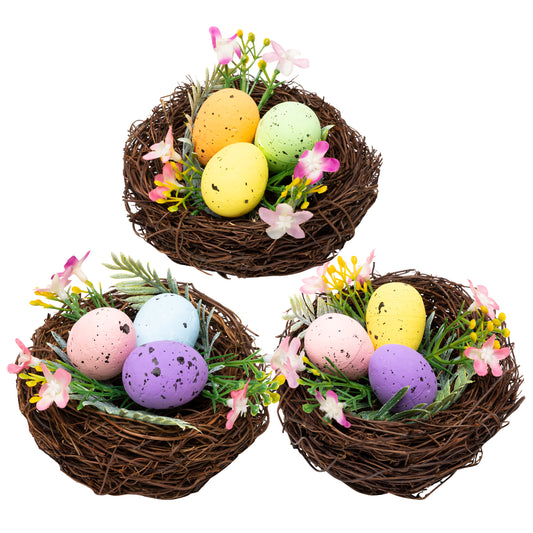 W1cwey 3pcs Artificial Easter Bird’s Nest Accessories Easter Craft Home Decor with Nest Colorful Spotted Eggs Flower Leaf Simulation Lifelike Ornament for Easter Indoor Outdoor Garden Yard