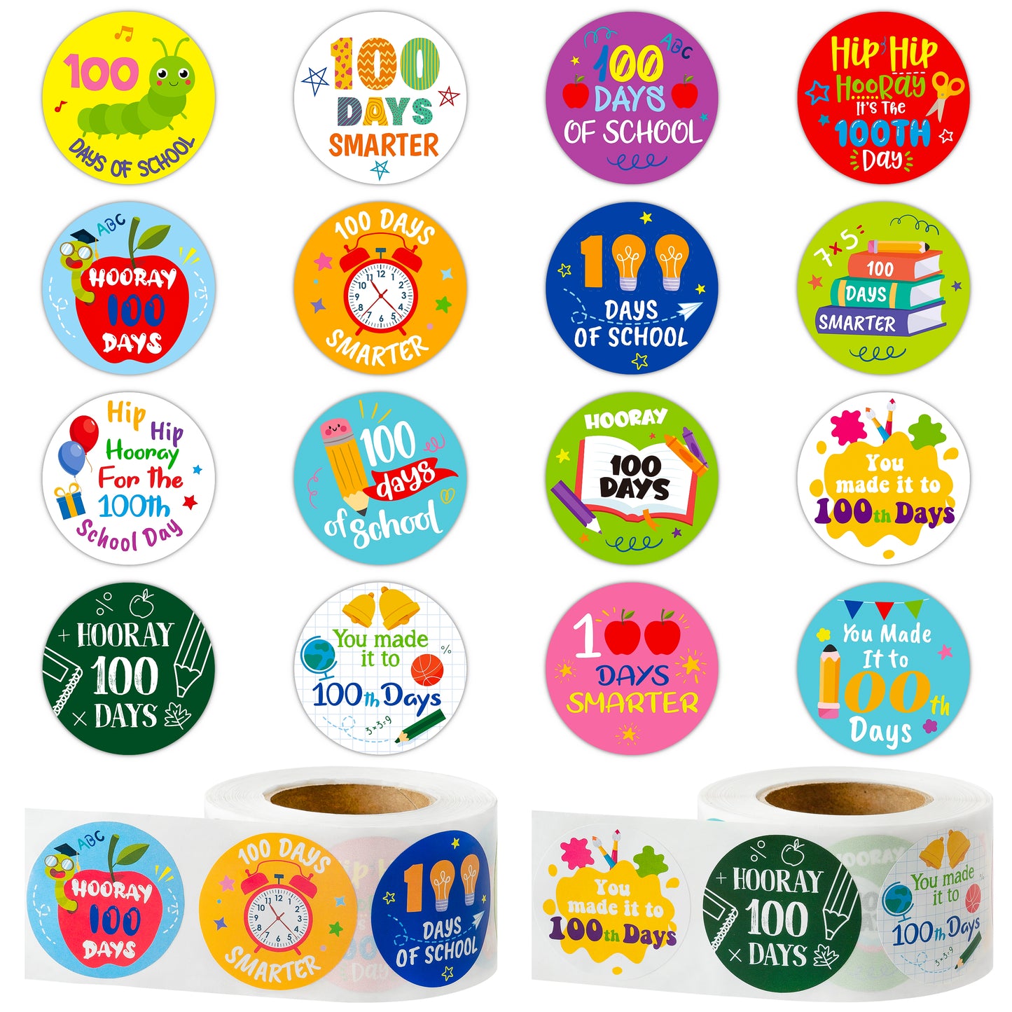 W1cwey 1000pcs 100 Days of School Sticker Rolls(2 Rolls), 1.5 Inch 16 Design Cartoon 100 Day of School Teacher Reward Motivational Encouragement Stickers  for Kids Kindergarten School Party Decoration