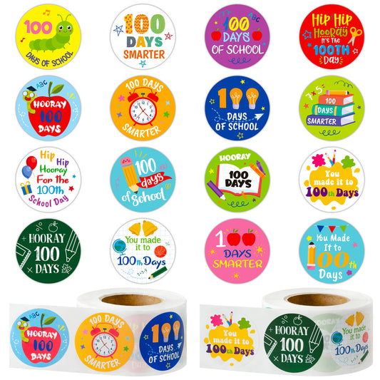 W1cwey 1000pcs 100 Days of School Sticker Rolls(2 Rolls), 1.5 Inch 16 Design Cartoon 100 Day of School Teacher Reward Motivational Encouragement Stickers  for Kids Kindergarten School Party Decoration