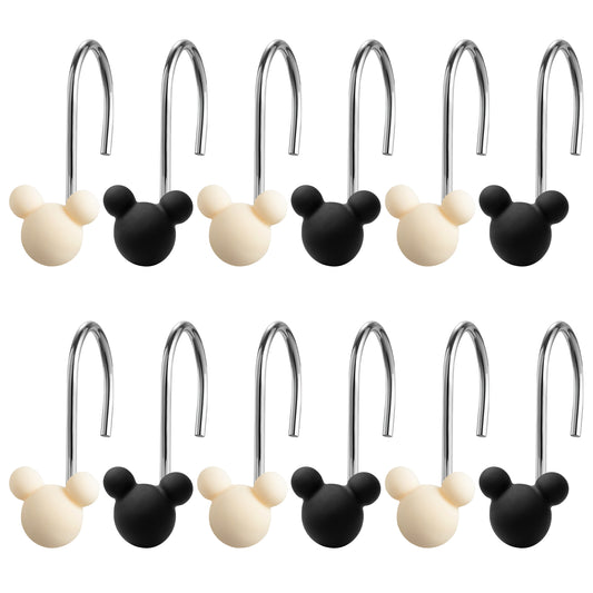 W1cwey 12pcs Black and White Mouse Shower Curtain Hooks Rustproof Metal Curtain Hangers Glide Shower Rings for Shower Curtain Cartoon Theme Stainless Steel Curtain Hook Rings for Kids Bathroom Decor