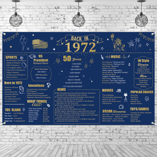 W1cwey Extra Large 43.3’*70.8’ 1972 Navy Blue Backdrop 50 Year Old Birthday Party Photo Background Anniversary Banner 50th Birthday Navy Blue Gold Decor Vintage Backdrop Photography for Indoor Outdoor