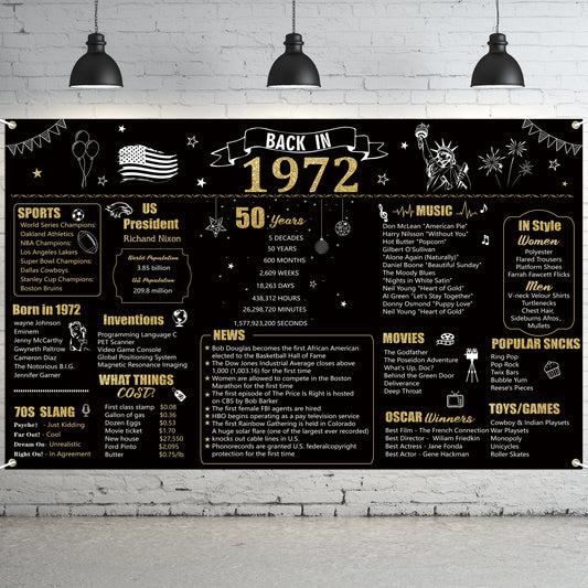 W1cwey Extra Large 43.3*70.8 Inches 1972 Backdrop 50 Year Old Birthday Party Photo Background Anniversary Banner 50th Birthday Black Gold Decor Vintage 1972 Banner Photography for Indoor Outdoor