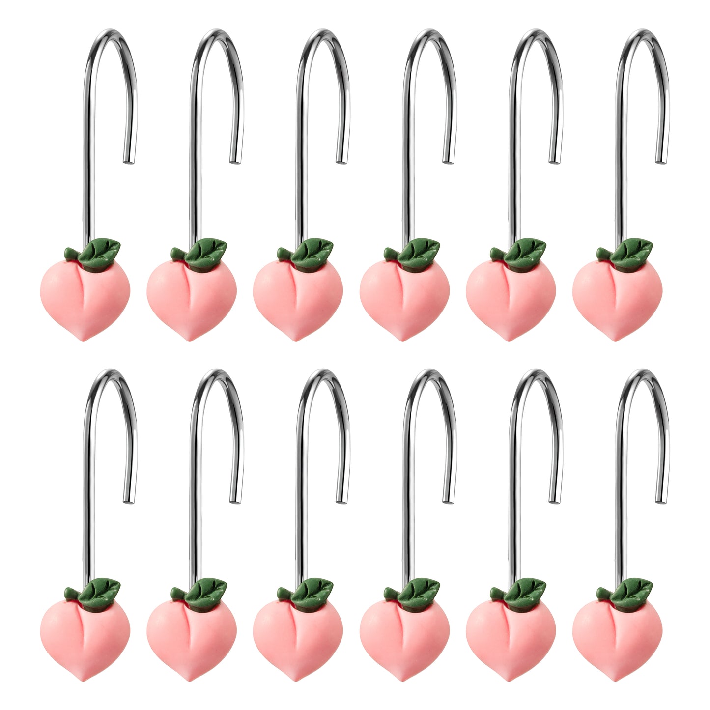 W1cwey 12pcs Peach Shower Curtain Hooks Pink Rustproof Metal Curtain Hangers Glide Shower Rings for Shower Curtain Cute Fruit Theme Resin Stainless Steel Curtain Hook Rings for Kids Bathroom Decor