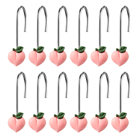 W1cwey 12pcs Peach Shower Curtain Hooks Pink Rustproof Metal Curtain Hangers Glide Shower Rings for Shower Curtain Cute Fruit Theme Resin Stainless Steel Curtain Hook Rings for Kids Bathroom Decor