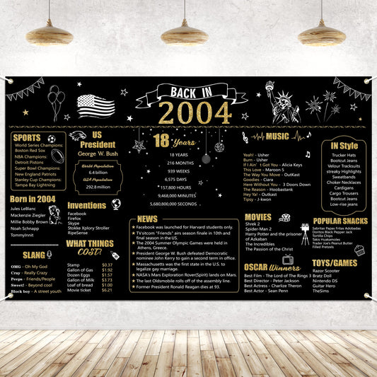 W1cwey Extra Large 43.3’*70.8’ 2004 Black Gold Backdrop 18 Year Old Birthday Party Photo Background Coming of Age Banner 18th Birthday Black Gold Decor Vintage Backdrop Photography for Indoor Outdoor