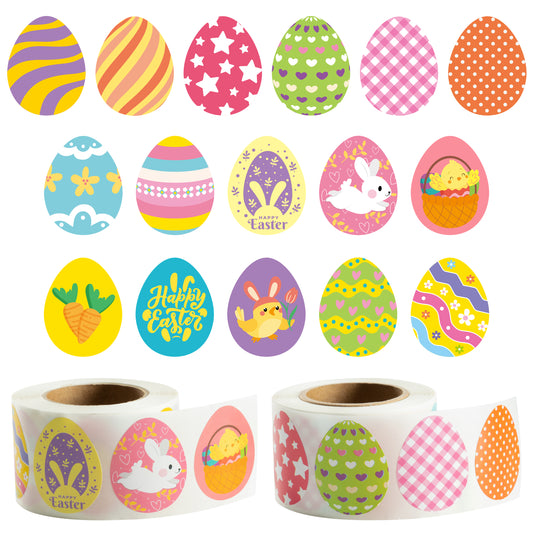 W1cwey 1000pcs Easter Egg Stickers Rolls(2 Rolls), 1.2*1.5 Inch 16 Design Cartoon Egg-Shaped Stickers Self-Adhesive Decals Decorative Stickers Novelty Easter Bunny Stickers for Easter Party Supplies