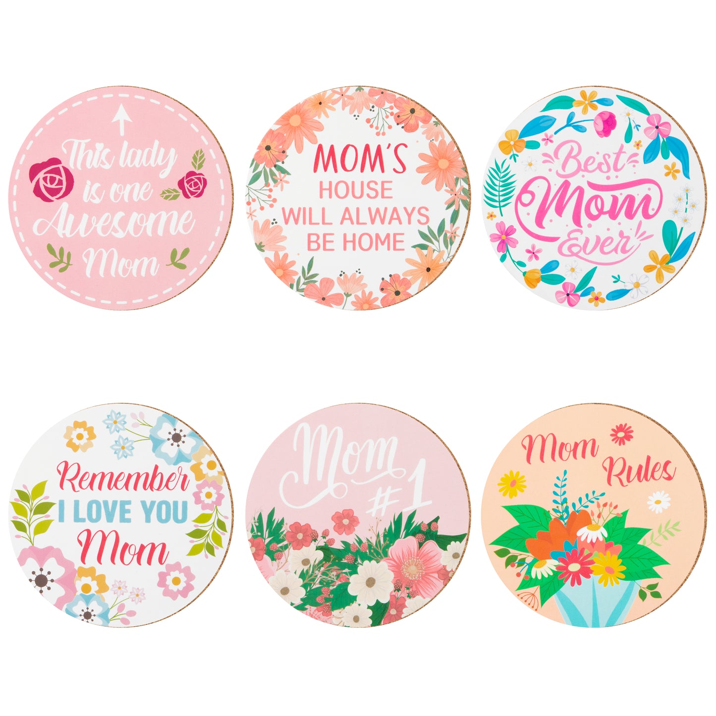 W1cwey 6pcs Mom Coaster Set Cute Absorbent Coasters with Fiber Cork Base Designs with 6 Different Mother Inspirational Quotes I Love You Mom Cup Mat Gifts for Mother’s Day Mom’s Birthday Thanksgiving