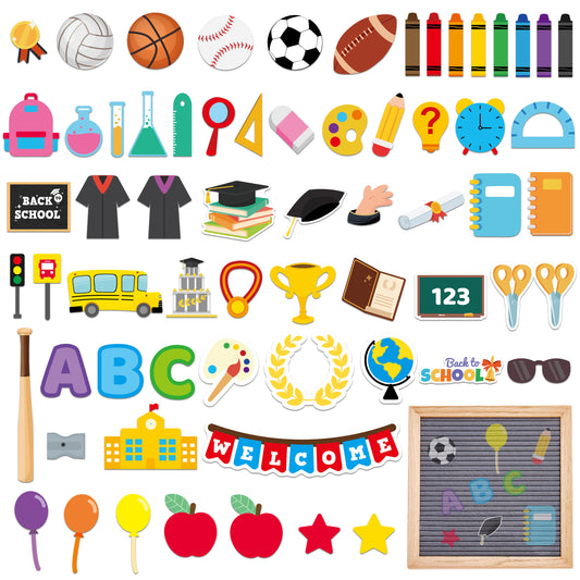 W1cwey 65pcs Back To School Icons for Felt Letter Board Cute Message Board Decoration Graduation Decor for Changeable Letter Board Accessories Icons for First Day of School Party (Board Not Included)