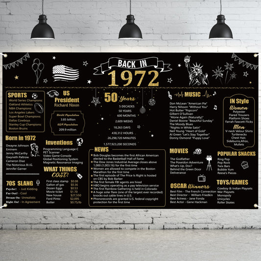 W1cwey Extra Large 43.3*70.8 Inches 1972 Backdrop 50 Year Old Birthday Party Photo Background Anniversary Banner 50th Birthday Black Gold Decor Vintage 1972 Backdrop Photography for Indoor Outdoor