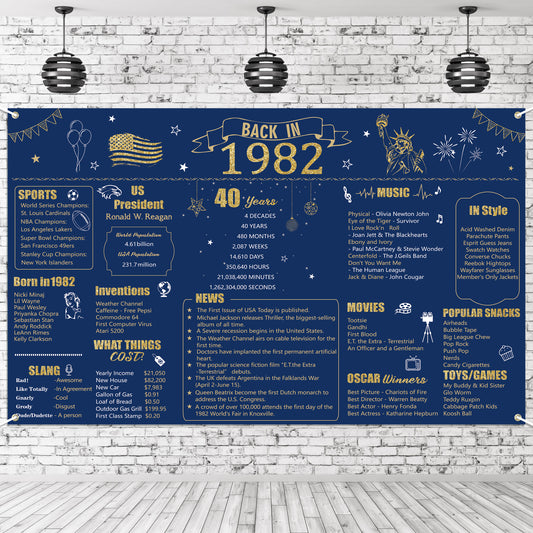 W1cwey Extra Large 43.3’*70.8’ 1982 Navy Blue Backdrop 40 Year Old Birthday Party Photo Background Anniversary Banner 40th Birthday Navy Blue Gold Decor Vintage Backdrop Photography for Indoor Outdoor