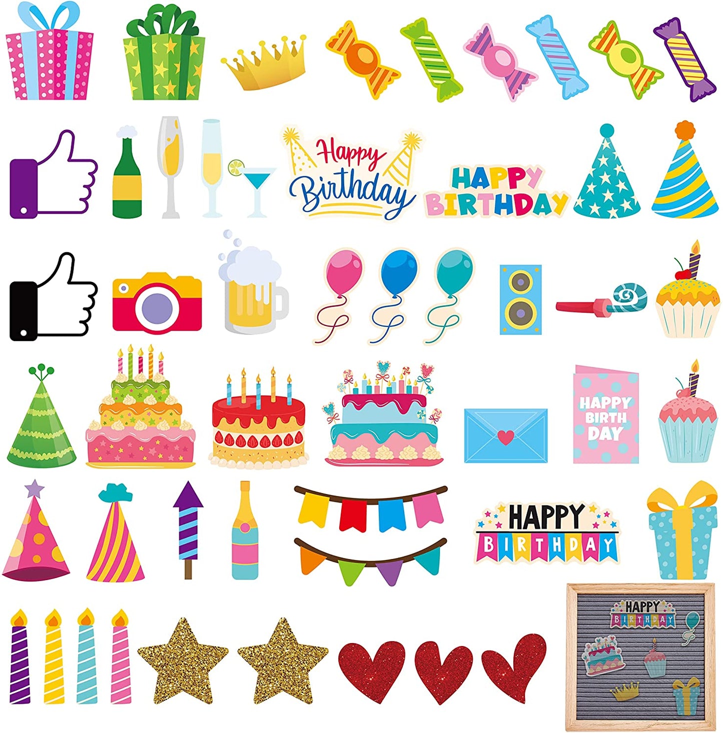 W1cwey 46pcs Birthday Theme Icons for Felt Letter Board Cute Message Board Decorations Celebration Decor for Changeable Letter Board Birthday Accessories Icons for Happy birthday Party (Board Not Included)