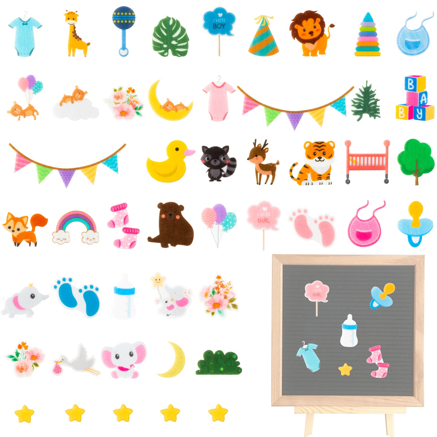 W1cwey 49pcs Baby Shower Icons for Felt Letter Board Cute Message Board Decorations Baby Shower Decor for Changeable Letter Board Icons Accessories for Baby Theme Birthday Parties (Board Not Included)