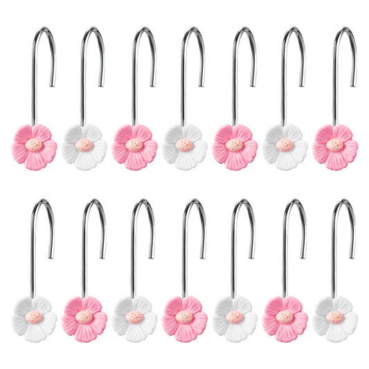 W1cwey 12pcs Floral Shower Curtain Hooks Rustproof Metal Curtain Hangers Glide Shower Rings for Shower Curtain Cute Pink and White Flower Shape Stainless Steel Curtain Rings for Bathroom Decor