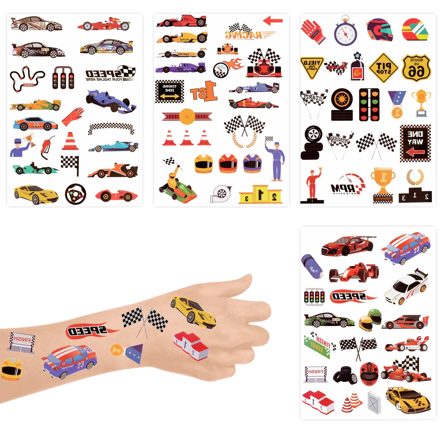 W1cwey 8pcs Racing Car Temporary Tattoos for Kids Transportation Fake Tattoos Cartoon Face/Hand/Arm/Body Stickers Decorations Cool Race Car Theme Birthday Gifts Party Games Supplies Favors for Boys