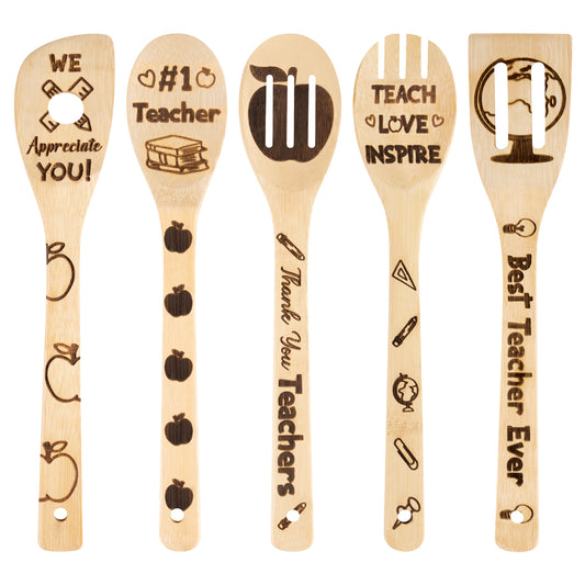 W1cwey 5pcs Bamboo Utensil Set Teacher Appreciation Week Gifts Natural Carve Burned Engraved Wooden Non-Stick Kitchen Cooking Supplies Gadgets House Warming Presents Idea Gift for Teacher