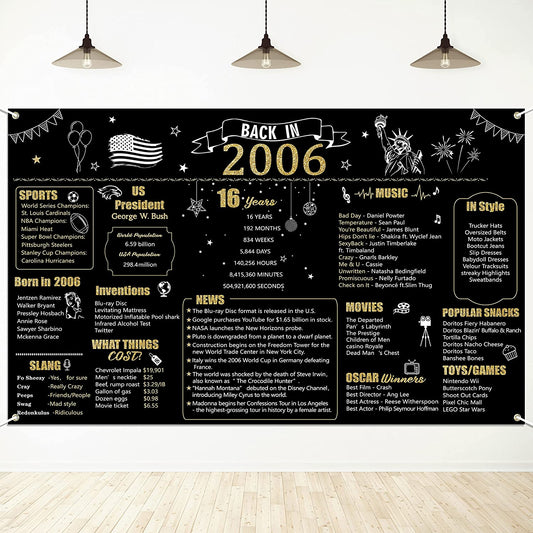 W1cwey Extra Large 43.3*70.8 Inches 2006 Backdrop 16 Year Old Birthday Party Photo Background Anniversary Banner 16th Birthday Black Gold Decor Vintage 2006 Backdrop Photography for Indoor Outdoor