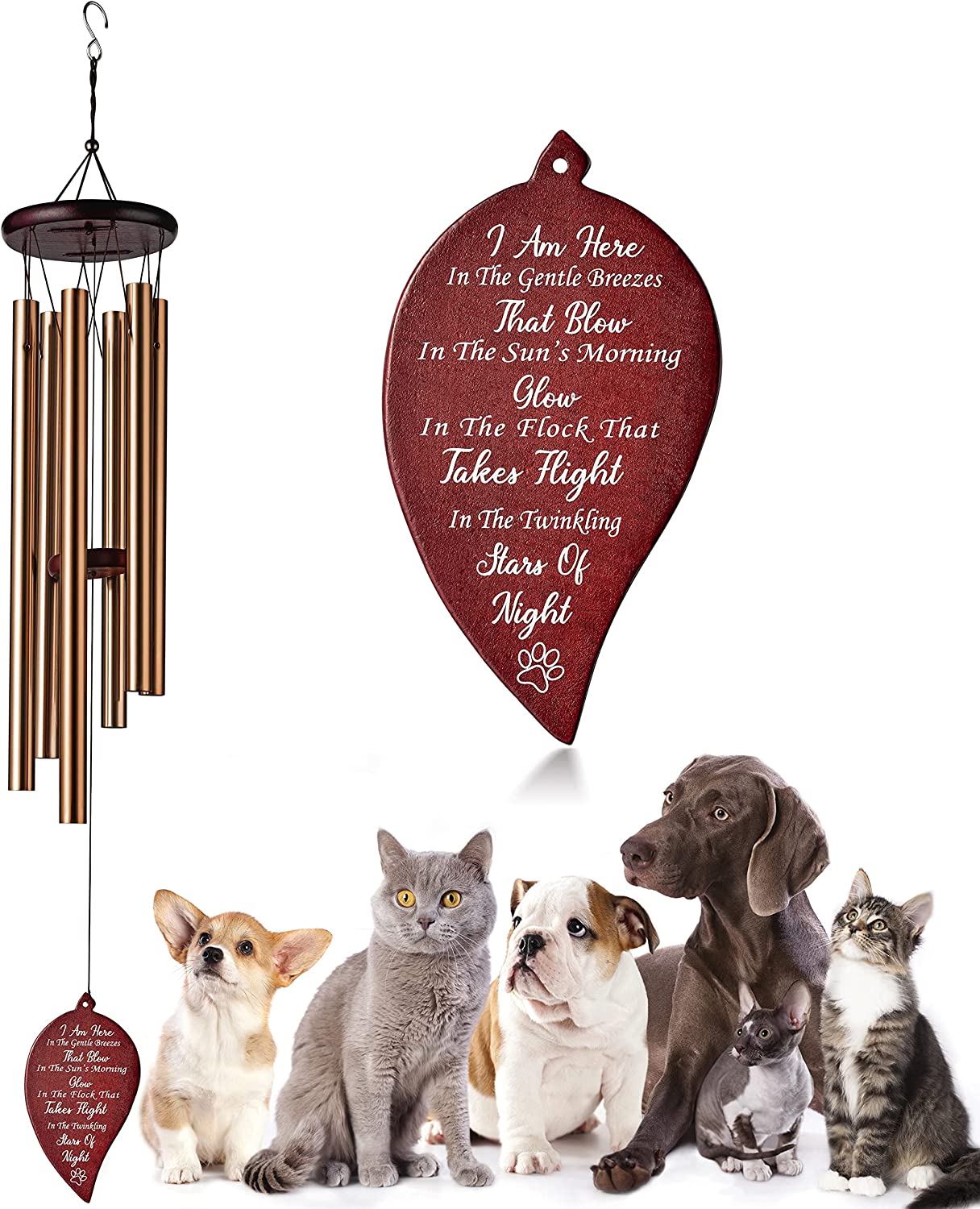 W1cwey Pet Memorial Wind Chime Sympathy Gift for Pet Owner to Remember Loss of Pets 6 Tubes Pet Remembrance Wind Chimes with Paw Print for Outdoor Garden Yard Deep Tone Chimes Decor