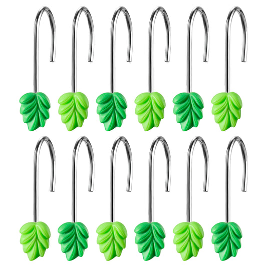 W1cwey 12pcs Plant Leaves Decorative Shower Curtain Hooks Rustproof Metal Curtain Hangers Glide Shower Rings for Shower Curtain Dark Light Green Stainless Steel Rings for Bathroom Decor