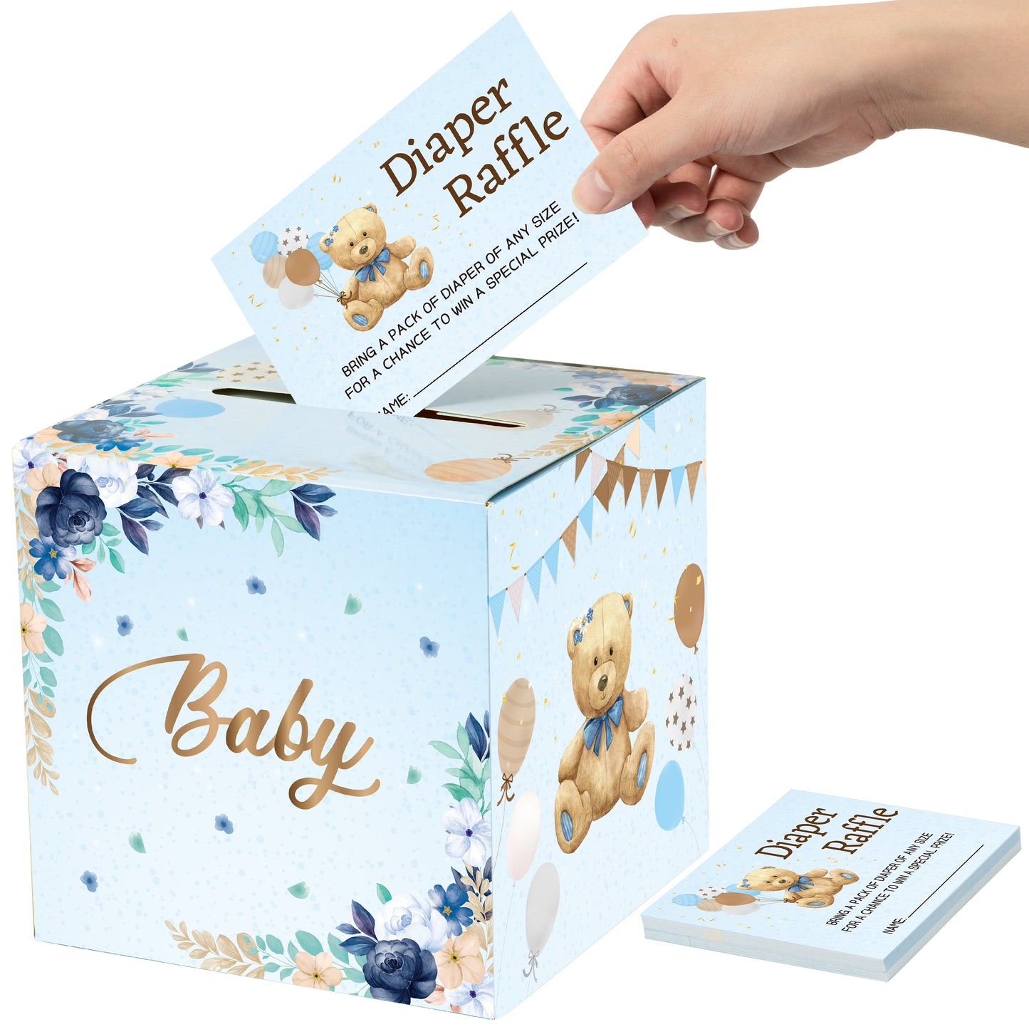 W1cwey 50pcs Blue Bear Diaper Raffle Tickets with Diaper Raffle Card Box Bear Theme Flowers Balloons Decorative Bring a Pack of Diapers Double Sided Card Baby Shower Birthday Party Decoration Supplies