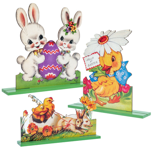 W1cwey 3pcs Vintage Easter Wooden Centerpiece Sign Easter Egg Bunny Chick Tabletop Sign Supplies for Spring Holiday Happy Easter Hello Spring Tabletopper Ornaments for Indoor Outdoor Garden Yard