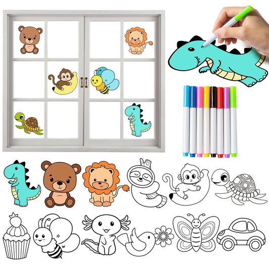 W1cwey 12pcs DIY Windows Cling with 8 Color Pens Color Your Own Stained Suncatchers Windows DIY Kit Cartoon Animal Car Cake Design DIY Painting Decals Stickers Decor for Window Art Crafts Set for Kids