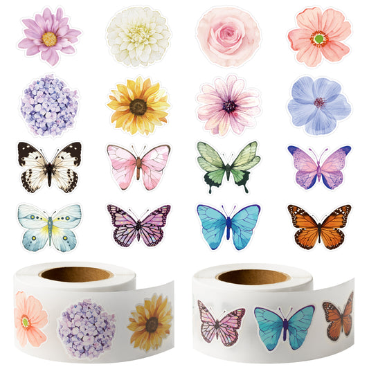 W1cwey 1000pcs Assorted Butterfly Flower Sticker Rolls(2 Rolls), 1.5*1 Inch 16 Design Colorful Butterfly Decals Decorative Flowers Cute Stickers Party Favor Decoration for Kids Luggage Scrapbook