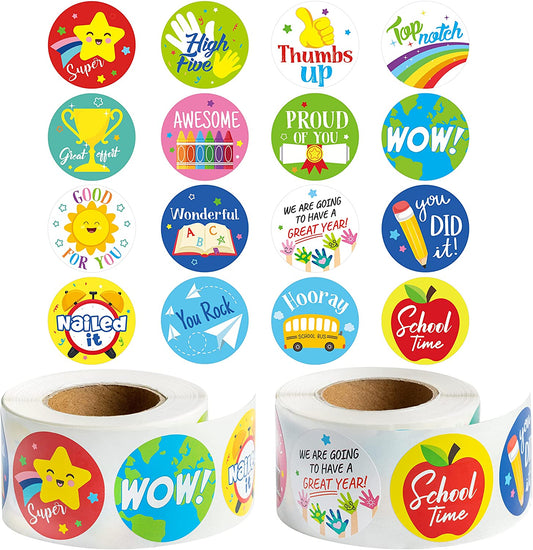 W1cwey 1000pcs Back to School Sticker Rolls (2 Rolls), 1.5 Inch 16 Design Cartoon First Day of School Teacher Reward Motivational Encouragement Stickers for Kids Kindergarten School Party Decoration