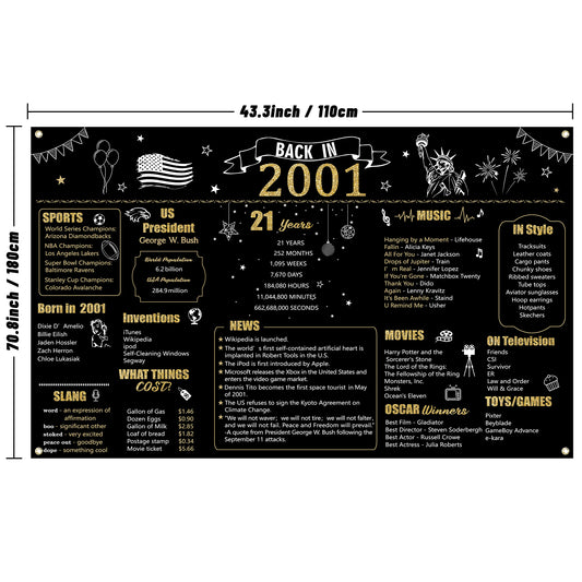 W1cwey Extra Large 43.3’*70.8’ 2001 Black Gold Backdrop 21 Year Old Birthday Party Photo Background Anniversary Banner 21st Birthday Black Gold Decor Vintage Backdrop Photography for Indoor Outdoor