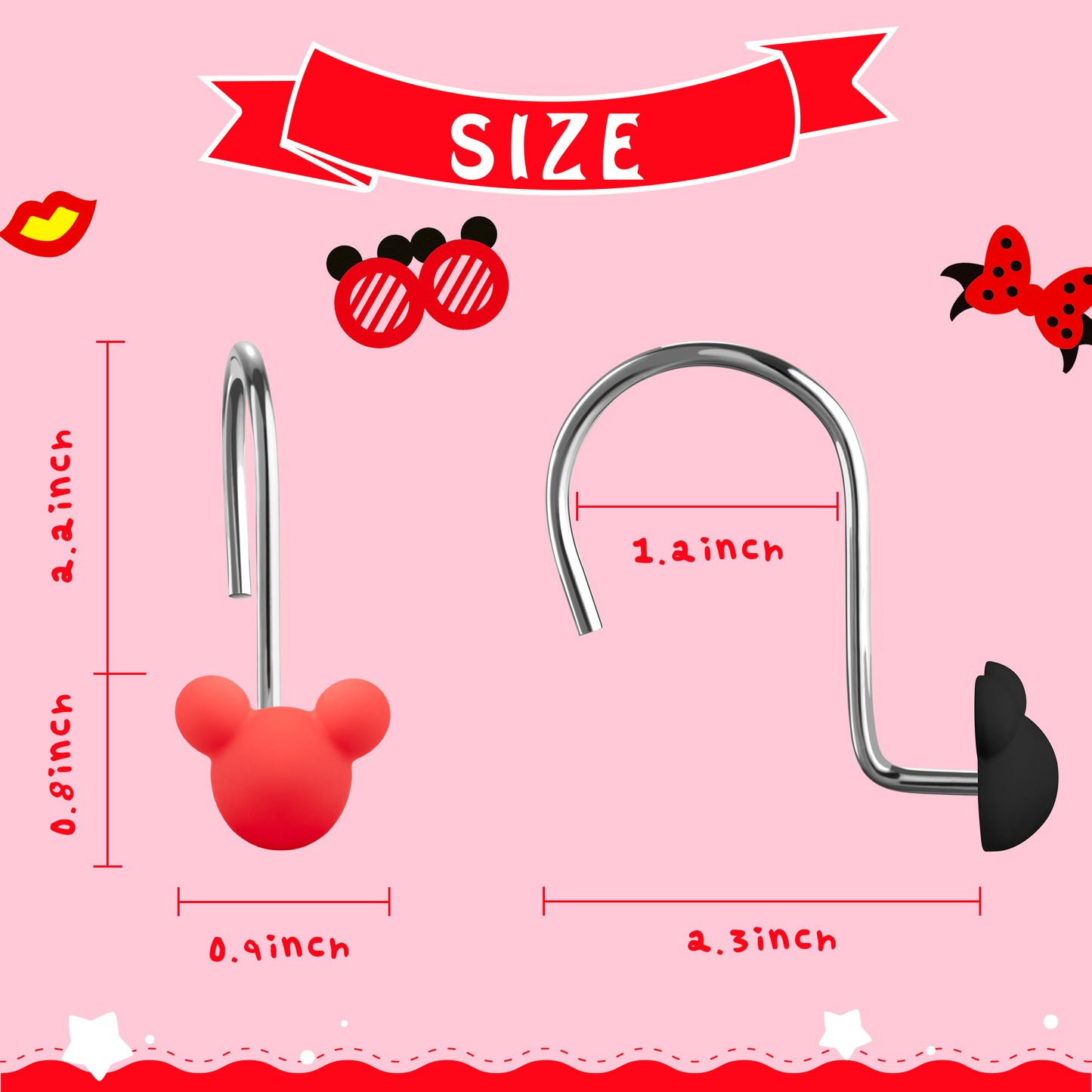 W1cwey 12pcs Black and Red Mouse Shower Curtain Hooks Rustproof Metal Curtain Hangers Glide Shower Rings for Shower Curtain Cartoon Theme Stainless Steel Rings for Kids Bathroom Decor